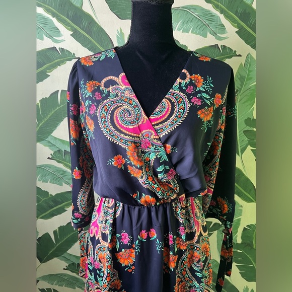 Everly Womens Navy Blue Long Sleeve Floral Paisley Dress Large - Picture 5 of 9